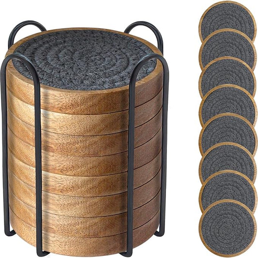 Eykao Coasters for Drinks Absorbent Sets of 8, Woven Coasters with Holder, Wood Coasters for Coffee Table, Housewarming Gift for Farmhouse Home Decor, 4 inches Gray