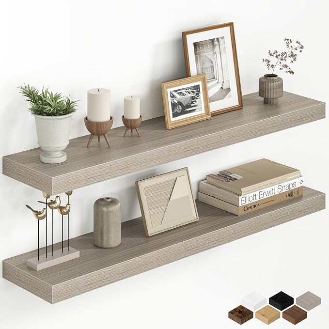 Fun Memories 36 Inch Floating Shelves for Wall, 8 Inch Deep Rustic Wood Floating Shelves Set of 2, Wall Mounted Hanging Shelf with Invisible Brackets for Bathroom, Bedroom, Kitchen, Living Room, Grey
