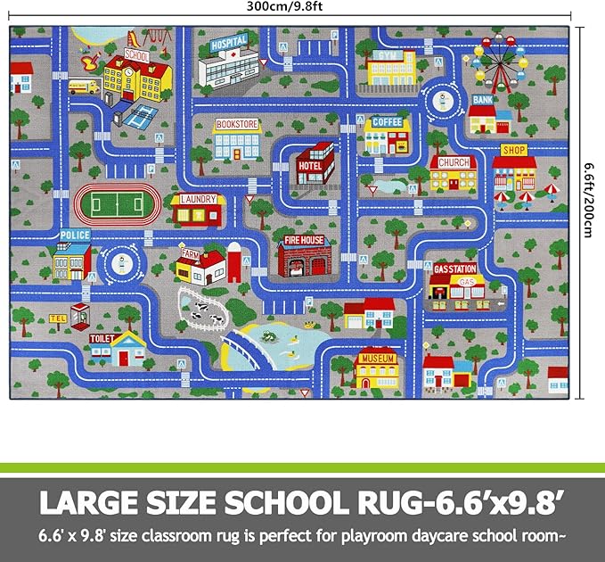 Capslpad Blue Car Road Kid Rug Carpet Playmat for Playoom Traffic Road Kids Play Mat for Toddler Non Slip Washable City Map Race Track Carpet Rug for Kids Room Playroom Classroom Decor,6.6'x9.8'