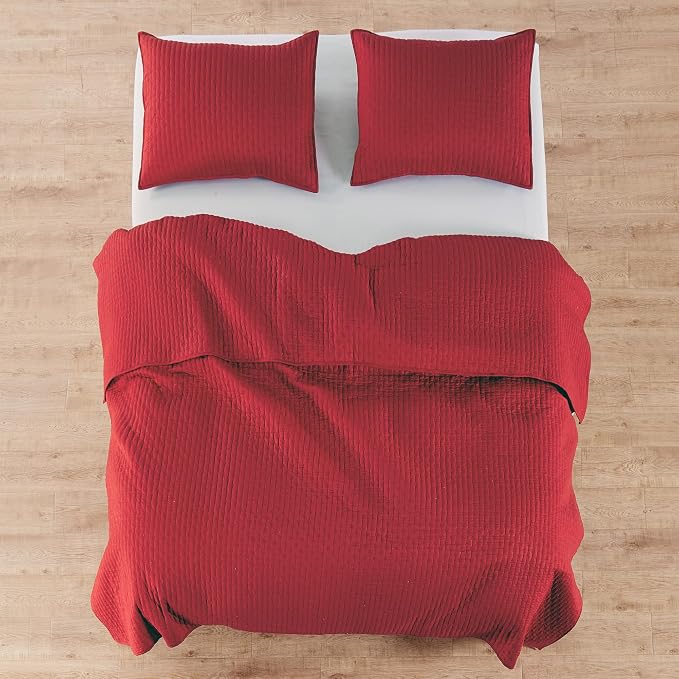 Levtex Home Cross Stitch Reversible King/Cal King Quilt Set (106x92in) with 2 Pillow Shams (36x20in) - Stitch Texture - Chile Red - Cotton King Size Quilt Bedding Set - Lightweight, Soft, Pre-Washed