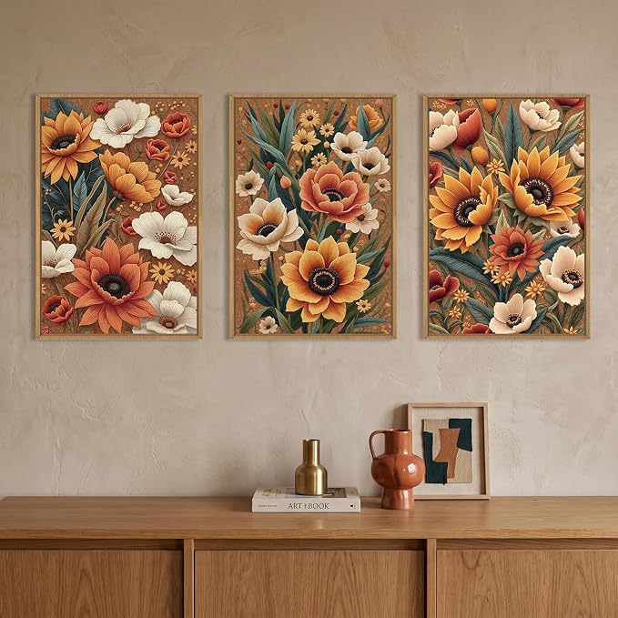 BICERE Large Boho Flower Botanical Framed Canvas Wall Art,Abstract Floral Wall Decor,Embroidery Plant Painting,Bloom Wildflower Artwork for Living Room,Bedroom,Dining Room,Office -16"x24"x3