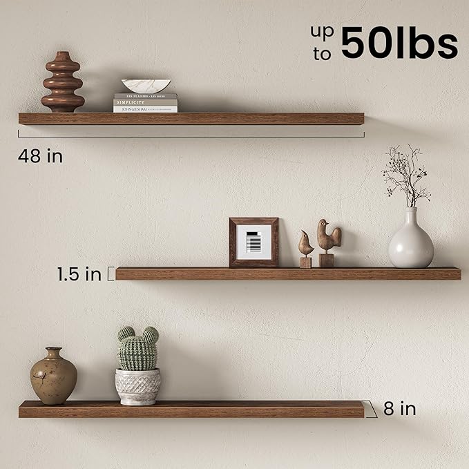 48" Floating Shelves for Wall, Set of 2, 8" Deep, 1.5" Thick, Brown | Rustic Wood Wall Shelves with Invisible Brackets, Storage and Display for Bathroom, Bedroom, Living Room or Kitchen