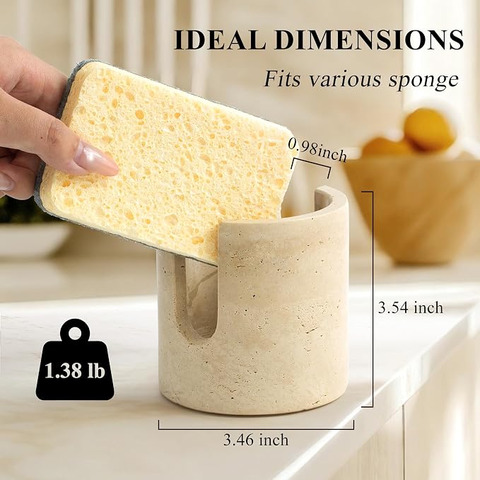 Natural Marble Sponge Holder, Sink Caddy for Kitchen Counter, Marble Decor Dish Sponge Holder with Anti-Slip Pad for Kitchen Sink Countertop, Fast Drying Rack, Sponge Caddy - Travertine