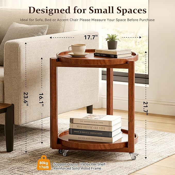 Taitiy Small Round Side Table with Wheels Solid Wood 2 Tier End Table with Storage Mobile Nightstand for Small Spaces Rolling Side Table for Couch & Bedside Walnut 17.7"