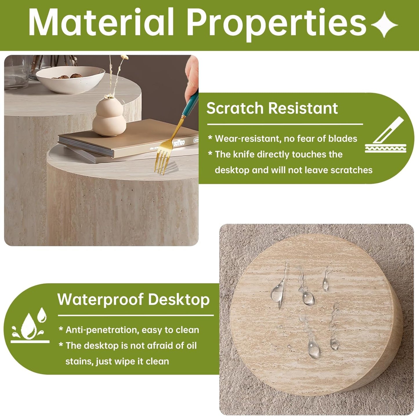 Round Nesting Coffee Table, Drum Wood Coffee Table Set of 2 Travertine-Color, Modern Nesting Tables Circle Center Table 2 Piece for Small Spaces Living Room Bedroom Balcony Office, No Assembling