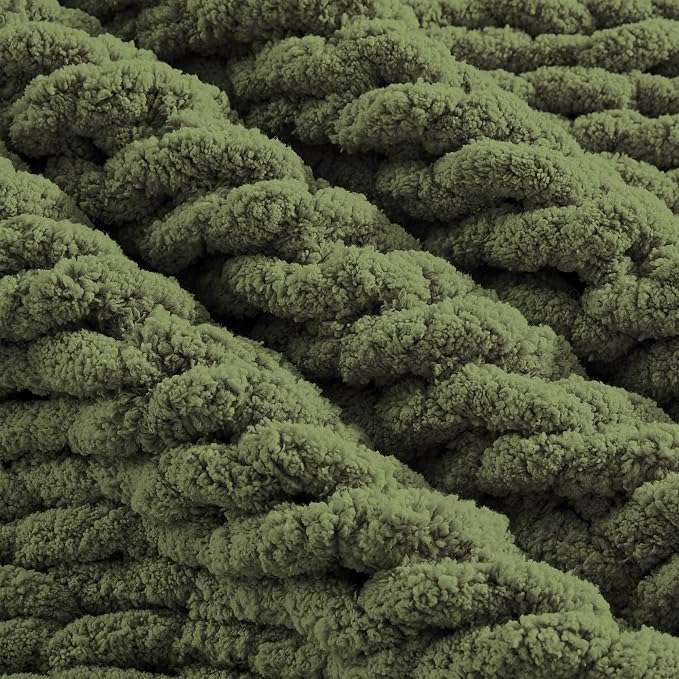 Carriediosa Chunky Knit Throw Blanket 50" X 60", 100% Hand Made Large Chenille Loop Yarn Soft Fluffy Throws for Couch Sofa Bed, Big Crochet Cozy Heavy Thick Cable Woven Blankets, Olive Green