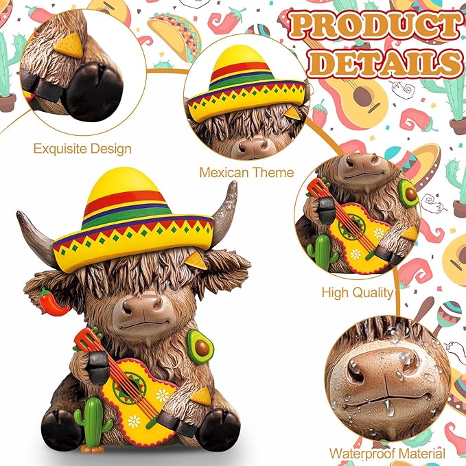 Karenhi 2 Pcs Cinco de Mayo Highland Cow Figurines, Mexican Resin Cow Gnomes Sombrero Guitar Maracas Scottish Statue Calf Lovers Gifts for Fiesta Home Garden Kitchen Office Tiered Tray Table Decor
