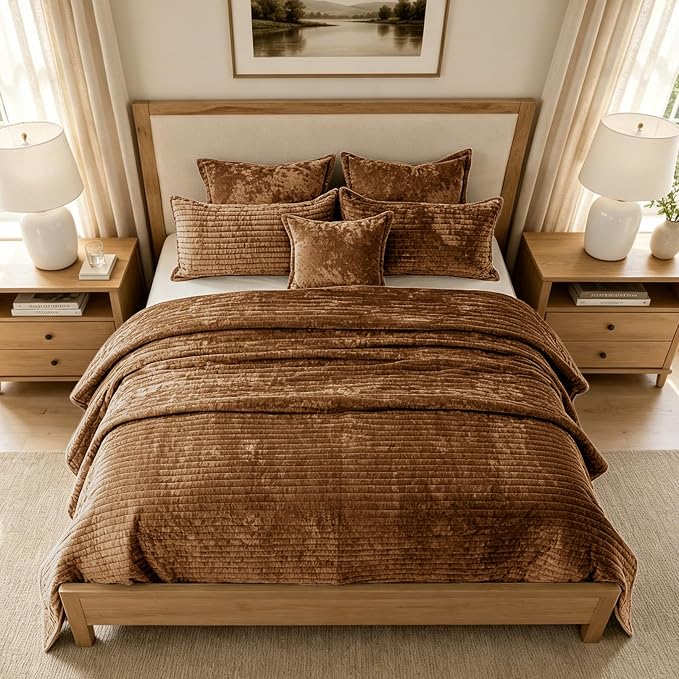 Luxury Velvet Oversized King 120x128 in Quilt Set 3 Piece Quilted Bedspread with 2Pillow Shams(20x36) Ultra Soft Coverlet All Season Bedding for Farmhouse Modern Bedroom Sofa,Caramel