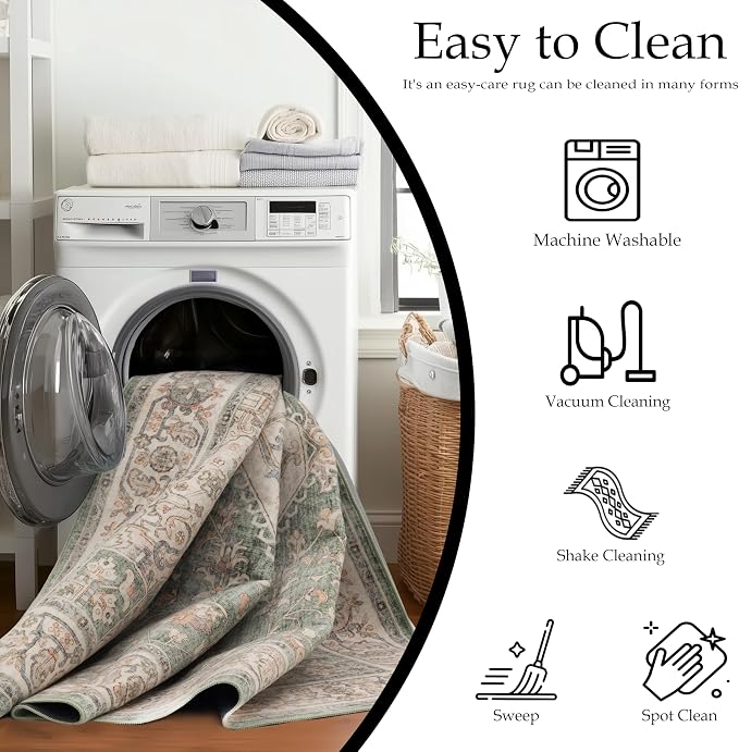 Ruaruarug Washable Area Rug 8x10 for Living Room, Bedroom, Ultra Soft Non Slip Stain & Fade Resistant, Pet & Kids Friendly, Suitable for High Traffic Areas Easy to Clean for Office Kitchen, Celadon