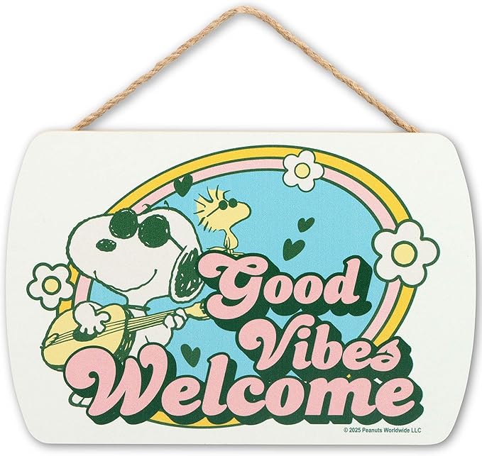 Peanuts Snoopy Good Vibes Welcome Hanging Wood Wall Decor - Fun Snoopy Sign for Home, School or Office