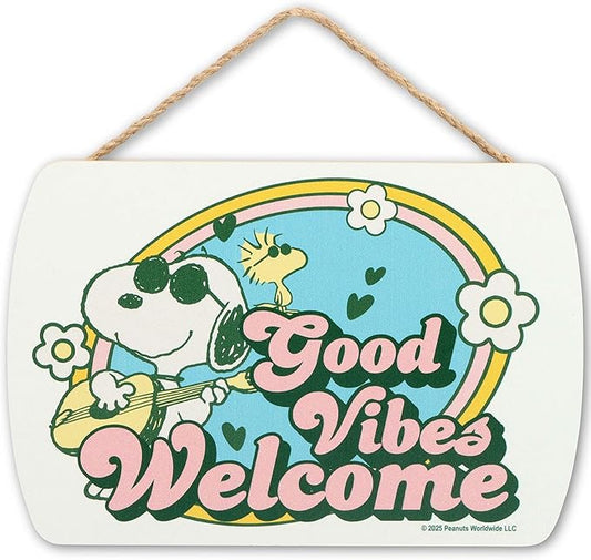 Peanuts Snoopy Good Vibes Welcome Hanging Wood Wall Decor - Fun Snoopy Sign for Home, School or Office