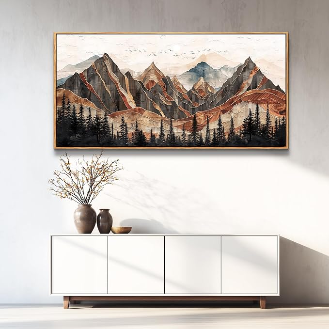 XIGUANGART Framed Boho Landscape Large Wall Art, Abstract Sun Mountain Canvas Wall Decor Painting, Modern Forest Botanical Aesthetic Poster Print Picture for Living Room Bedroom Home Office 30x60 Inch