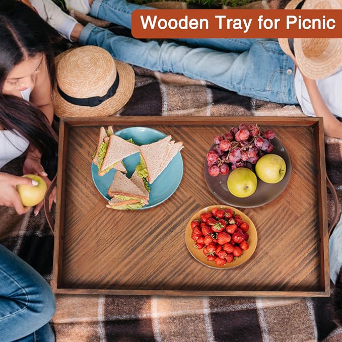 SXNOWS Wooden Serving Tray with Leather Handles, 24x16 in | Large Rectangle Wood Tray,Perfect for Ottoman Coffee Table Living Room and Kitchen, Rustic Gift for Home Decor