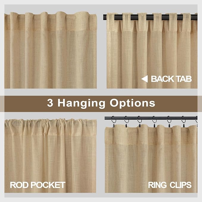 Tan Brown Linen Curtains 108 Inches Long for Living Room 2 Panel Back Tab Pocket Cloth Canvas Semi Privacy Sand Colored Curtain for Bedroom Patio Door French Country Victorian Western Boho Decor Taupe