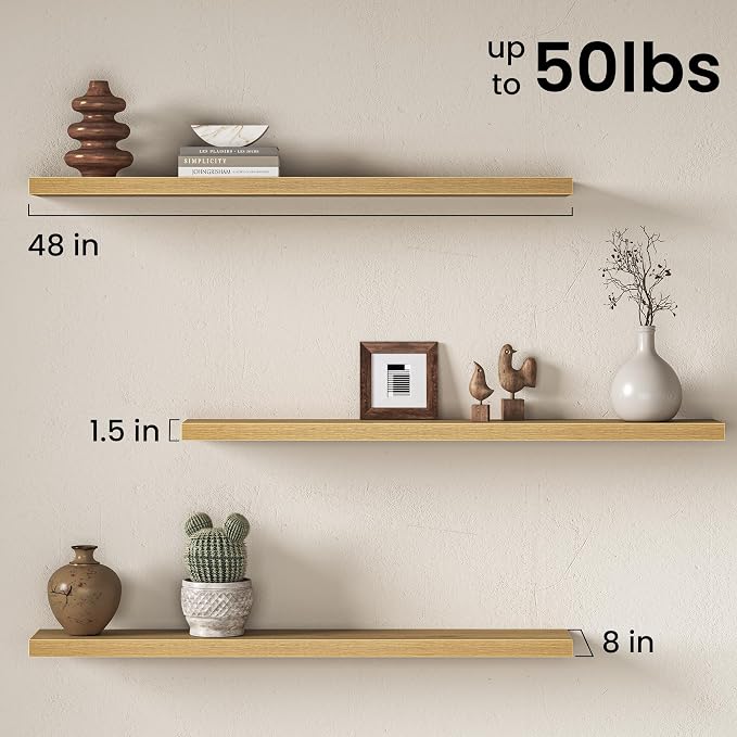 Fun Memories 48Inch Floating Shelves for Wall, 8 Inch Deep Shelves for Bathroom|Bedroom|Kitchen, Large Wall Mounted Wood Hanging Shelf with Invisible Brackets for Home Storage Decor, Oak - 2 Pack