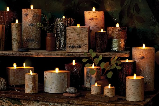 Luminara Real Birch Bark Wrapped Flameless LED Candle, 4" x 5.3", Battery Operated Moving Flame Pillar Light with Timer - Natural Decor Unscented
