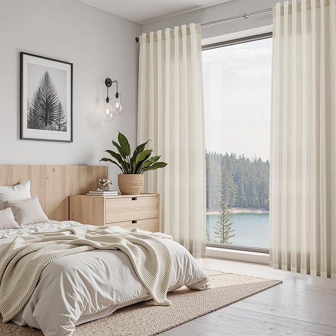 Nanspring Vanilla Linen Curtains 120 Inches Long for Living Room Light Filtering Semi Sheer Curtain Back Tab Modern Farmhouse Decor Floor to Ceiling High Window for Bedroom 52x120, 2 Panels