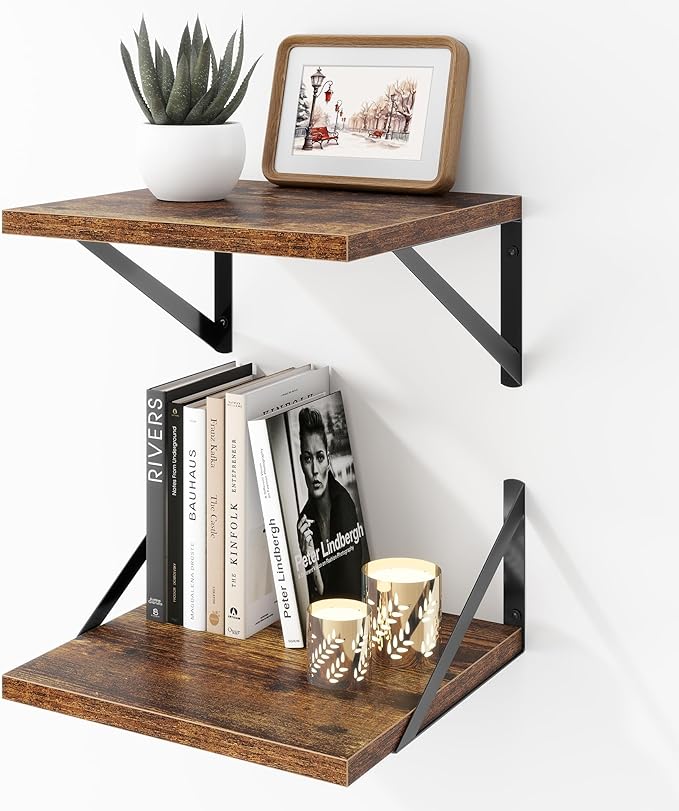 Acovy Deep Floating Shelves Wall Mounted, 12"x12" Brown Wood Shelves with Brackets Set of 2 for Bedroom, Living Room, Bathroom, Kitchen, Office - Storage & Display Shelf for Decor, Books, Plants