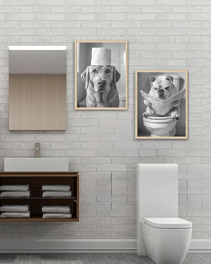 UPWOIGH Funny French Bulldog Oak Framed Canvas Wall Art, 12x16in Black and White Bathroom Humor Print, Modern Minimalist Dog Poster Wall Decor for Restroom or Kids Room, Funny Dog Lovers Gift,1Pack