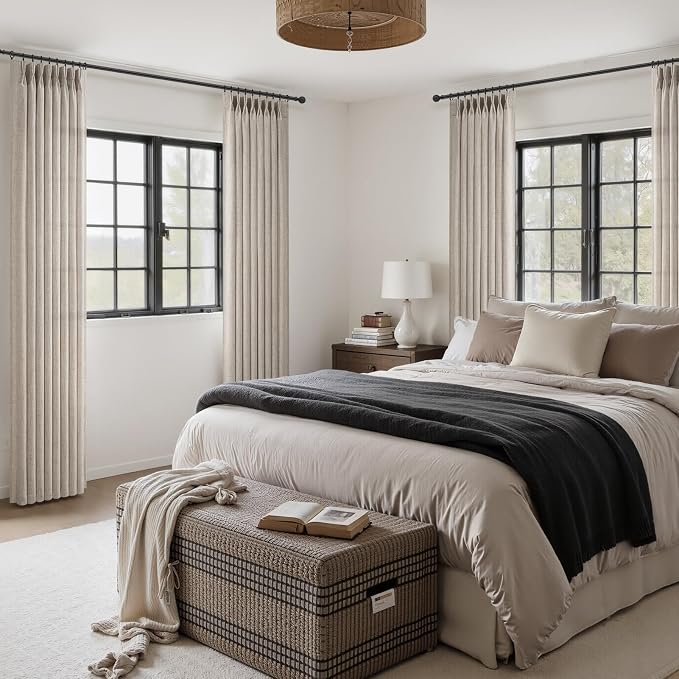 Greyish Brown Pinch Pleated Sliding Door Curtains 84 Inches Long 4 Panels Set, Memory Trained Pleat Flax Linen Light Filtering Semi Sheer Cottage Core Windows Curtain & Drapes with Hooks Rings Burg