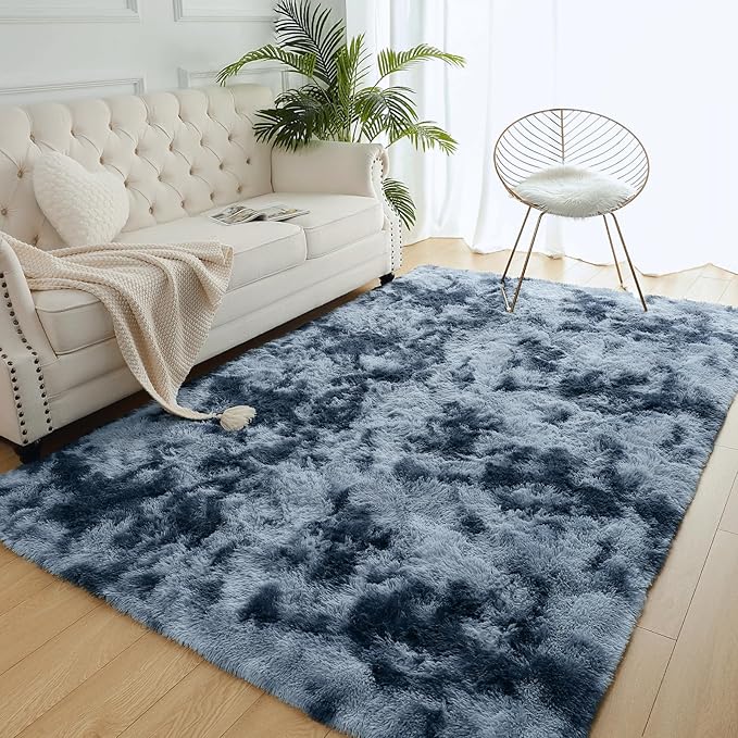AROGAN Shag Carpets 2x8 Rug for Hallway, Washable Rugs Runners with Memory Foam for Bedroom, Entryway Indoor Fluffy Throw Rug for Beside Kids Girls Nursery Dorm, Blue and Grey
