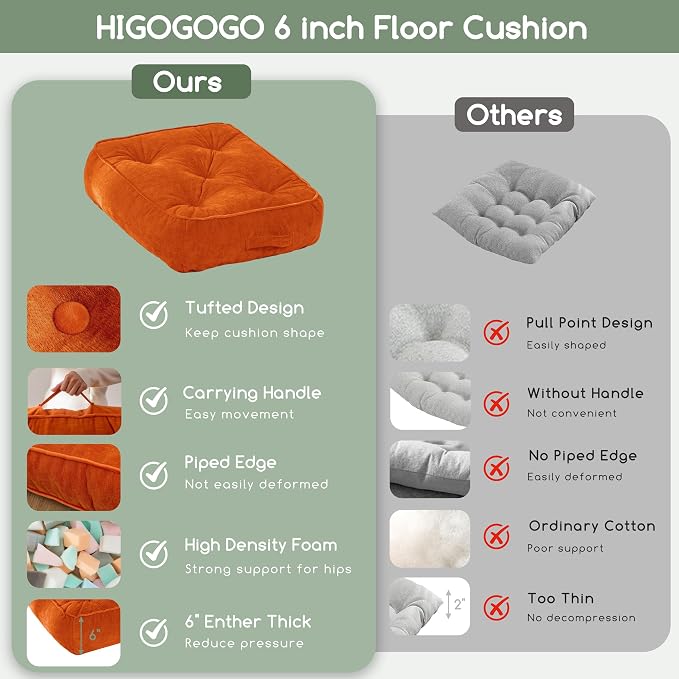 HIGOGOGO 6" Extra Thick Floor Pillow Cushion for Adults, Meditation Cushion Pillow with Handle, Lustrous Chenille Tufted, Square Floor Sitting for Tatami Living Room or Yoga, 22x22 Inch, Orange