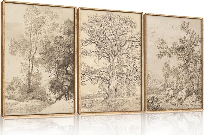 Large Vintage Sketchbook Framed Canvas Wall Art Set, Minimalist Tree Sketch Wall Decor, Neutral Botanical Wall Painting, Boho Nature Landscape Art Print Living Room, Bedroom, Office 16"x24"x3