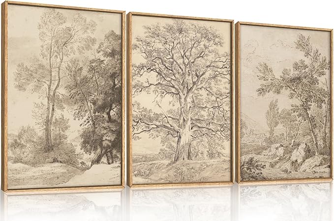 Vintage Sketchbook Forest Framed Canvas Wall Art Set, Neutral Minimalist Tree Wall Decor, Wilderness Illustration Wall Painting, Retro Botanical Art Print Living Room, Bedroom, Office-24"x36"x3