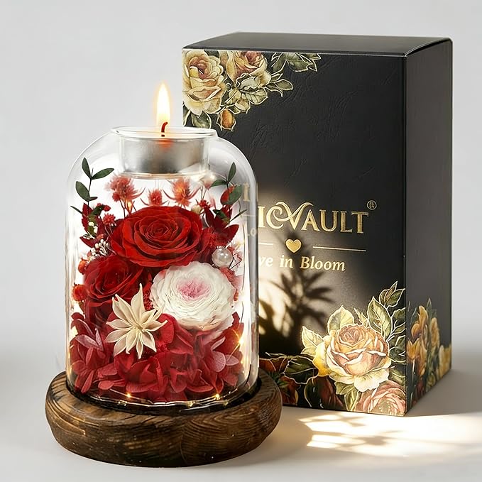 Gifts for Mom, Preserved Rose Flowers in Glass Dome, Forever Flowers for Delivery, Eternal Rose, Birthday Gifts for Women, Mothers Day for Grandma, Wife, Daughter, Anniversary(Red)