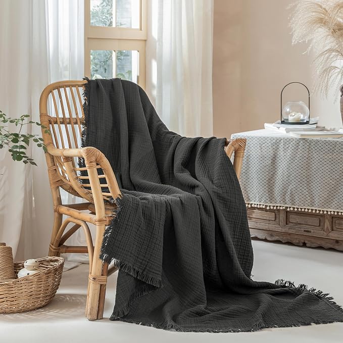 Muslin Fringe Blankets for Adults: 100% Cotton Cloud Soft | 4-Layer Gauze Breathable Lightweight All Season Throw Blanket for Bed Couch Sofa Office