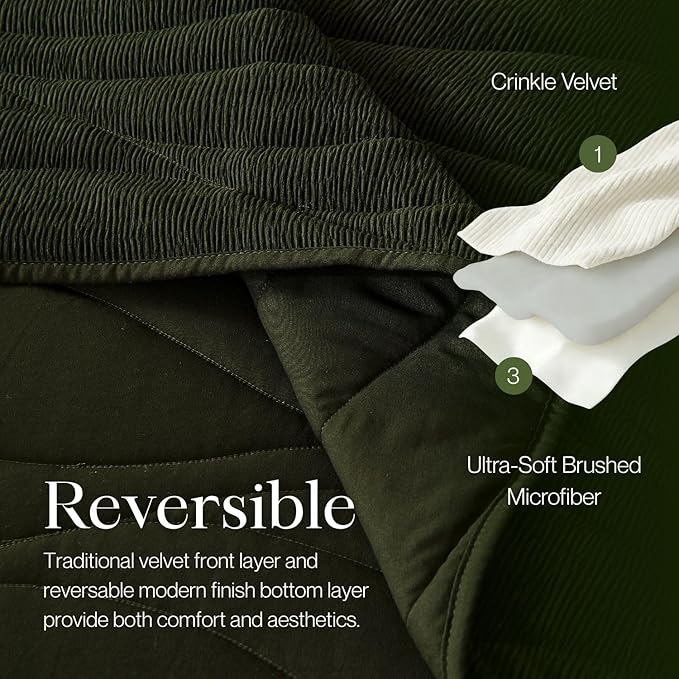 DOWN HOME Crinkle Textured Velvet Quilt Set with Shams, All-Season Luxury Modern Bedding,Easy Care Comforter,Ultra-Soft,Lightweight & Breathable, Cali King, Courtyard Green