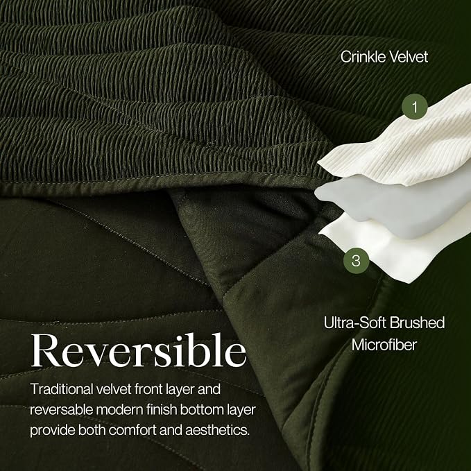 DOWN HOME Crinkle Textured Velvet Quilt Set with Shams, All-Season Luxury Modern Bedding,Easy Care Comforter,Ultra-Soft,Lightweight & Breathable, King, Courtyard Green