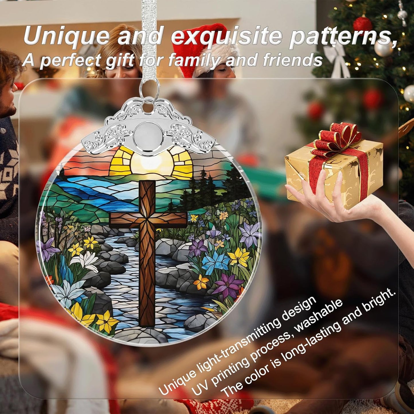 Cross Stained Glass Religious Christmas Ornament, Hanging Ornaments for Christmas Tree Decorations, Christian Gifts Holiday Keepsake Present Exchange Idea