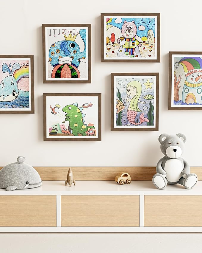 BAIJIALI Brown Art Frames for Kids Artwork - Front Opening Holds 150 Drawings, 3D Crafts - 3 Packs 8.5x11 with mat or 9x12 without Mat