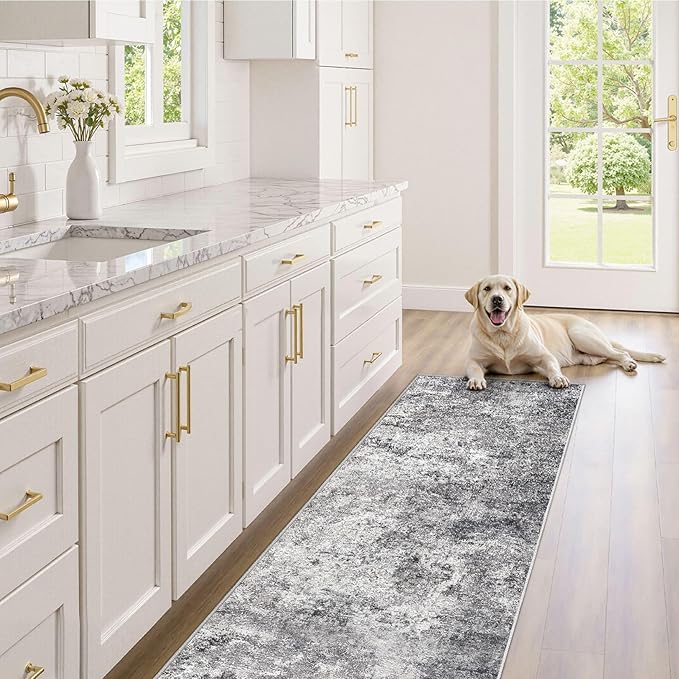 UERMEI 2X6 Washable Runner Rug for Hallway: Soft Neutral Modern Abstract Area Rug - Non-Slip Low Pile Long Throw Indoor Carpet for Kitchen Entryway Kitchen Bedroom Laundry Bathroom - Grey