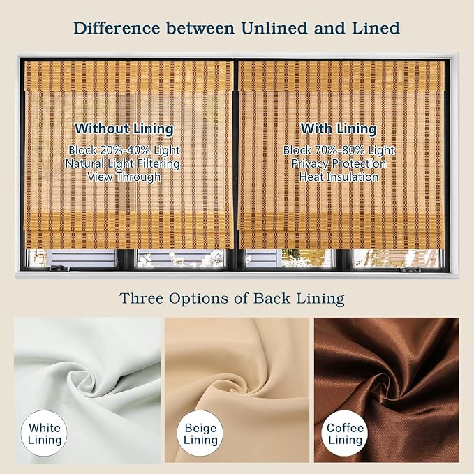 Sunbox Cordless Bamboo Roman Shade, Room Darkening Woven Wood Shades | Natural Caramel Brown Bamboo Window Shades for Living Room Bedroom Kitchen Doors, Easy to Install