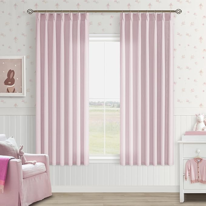 Pink Pinch Pleated Semi Sheer Curtains 63 Inch Length for Baby Girls Bedroom Nursery Linen Blend Light Filtering Pinch Pleat Linen Drapes Back Tab 2 Panels Blush Pink Window Curtains 40x63