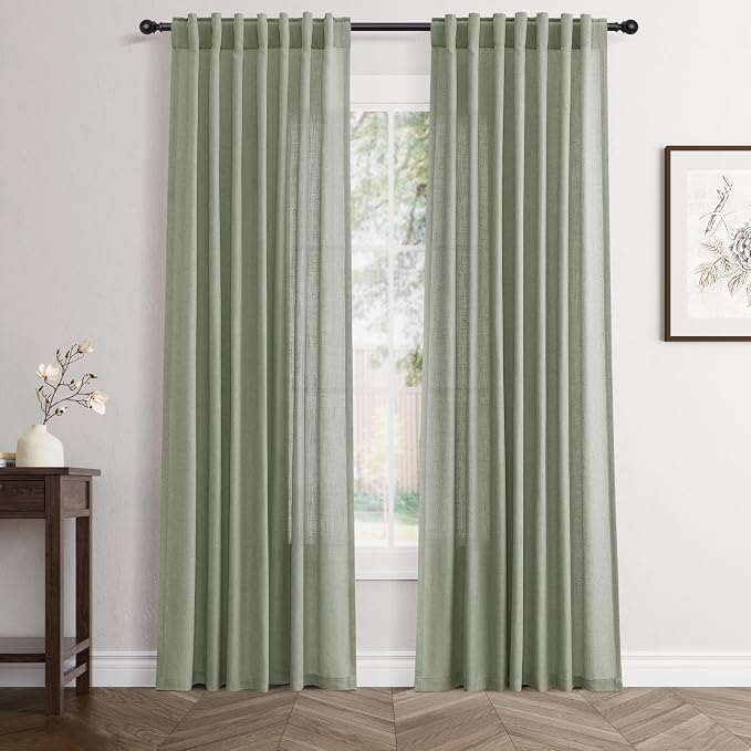Jowels Sage Green Linen Curtains 82 Inch Long 2 Panels for Living Room | Light Filtering Semi Sheer Curtain, Back Tab Pocket Pleated Look, Boho Farmhouse Textured Privacy Drapes for Bedroom Window