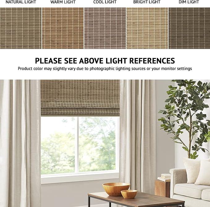 Madison Park Eastfield 100% Bamboo Cordless Roman Shades-Woven Wooden Privacy Panel, Light Filtering Easy Installation Window Blind Treatment, Bedroom, Living Room Decor, 35" W x 64" L, Natural Ash