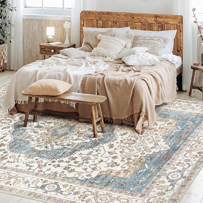 11x14 Area Rugs for Living Room - Large Carpet Ultra Thin Soft Washable Oriental Vintage Floral Distressed Big Indoor Carpets for Bedroom Nursery Dorm Home Decor Aesthetic - Blue/Beige