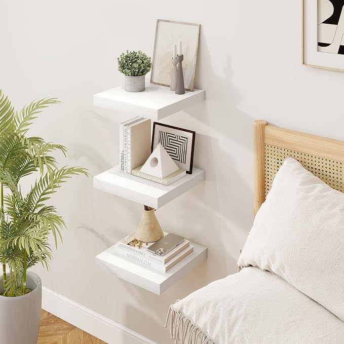 Marsmiles Square Floating Shelves for Wall, 12" W x 12" D x 1.5" H, 3 Pack Small Wall Mounted Engineered Wood Shelves with Invisible Brackets for Living Room, Bedroom, Bathroom, Kitchen Decor, White