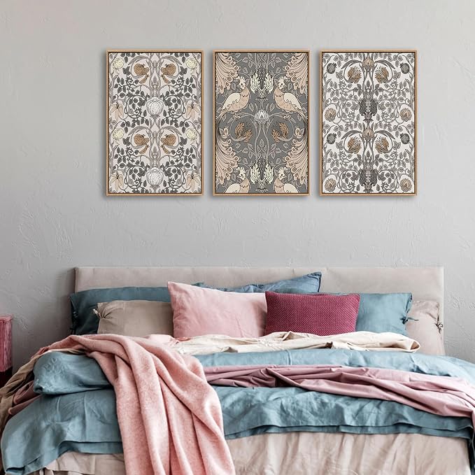 Large Retro Framed Wall Art - Natural Float Framed Vintage Flowers Canvas William Morris Painting Pictures Rustic Floral Pattern Prints Artwork for Living Room Bedroom Office Decor 48" X 24" Set of 3