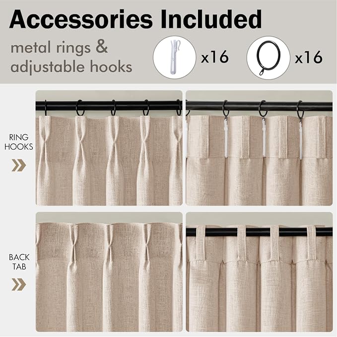 MIULEE Pinch Pleated Thick Linen Curtains 102 Inches Long 2 Panels for Living Room Bedroom, Linen Textured Drapes Pleat Back Tab Memory Trained Light Filtering Sand Beige Window Curtains with Hooks