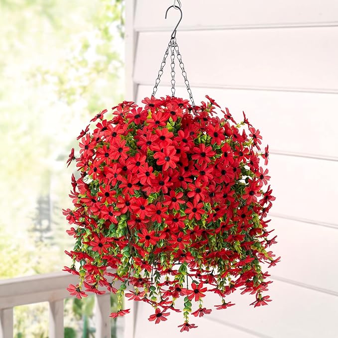 INXUGAO Artificial Hanging Flowers Plants with Basket for Outdoors, Realistic Faux Silk Daisy Flower Eucalyptus for Spring Decor, UV Resistant Fake Plants for Porch Patio Yard Balcony (Red)