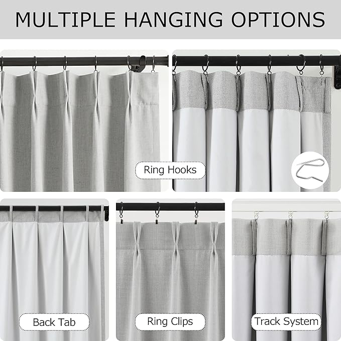 Vision Home Light Gray Pinch Pleated Full Blackout Curtains Linen Blended Room Darkening Curtain Panels 90 inch for Living Room Bedroom Thermal Insulated Pinch Pleat Drapes with Hooks 40" Wx90 Lx2