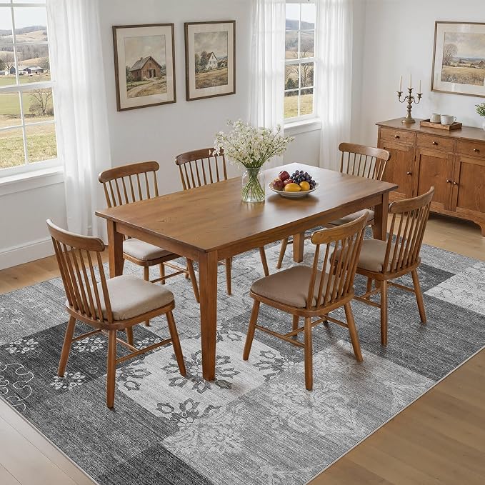 UERMEI 8x10 Area Rug for Living Room - Washable Vintage Carpet, Non-Slip Soft Large Indoor Floor Rugs for Bedroom Home Office & Under Dining Table Decor, Gray Block