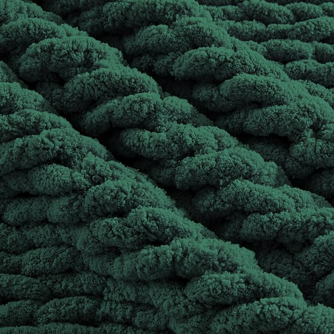 Carriediosa Chunky Knit Throw Blanket 60" X 80" Twin, 100% Hand Made Large Chenille Loop Yarn Soft Fluffy Throws for Couch Sofa Bed, Big Crochet Cozy Heavy Thick Cable Woven Blankets, Dark Green