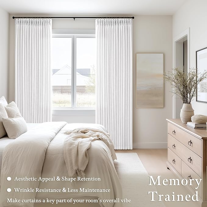 Extra Long White Linen Curtains 120 Inches Long Modern Neutral Curtain 10 Foot Light Filtering Semi Sheer Back Tab Pinch Pleat Curtain for Tall Ceiling Living Room 2 Panels 50 by 120 Inch Length
