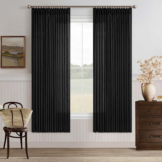 Pinch Pleat Black 72 Inch Curtains for Bedroom Rustic Linen Blend Viral Pleated Semi Sheer Window Drapes Light Filtering Privacy Cottagecore Office Sunroom Cabin Closet Curtain Back Tab Black 50x72