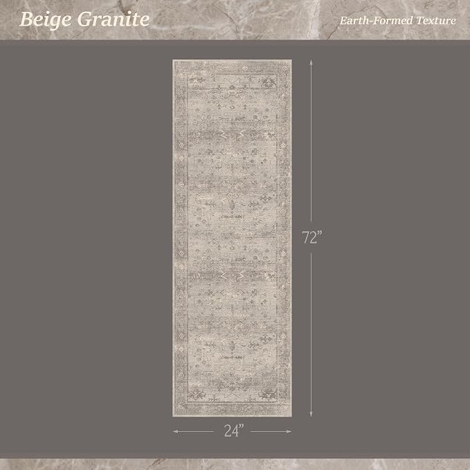 TALANOVA Bathroom Runner Rug 2x6, Washable Non Slip, Soft Stain Resistant for Kitchen, Hallway & Laundry Room, Greige, Warm Grey Granite, Vintage Mineral Geometric, Modern Farmhouse Rustic